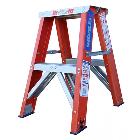 Red step ladder with metal platform on a white background