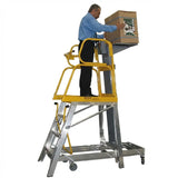 Man using a yellow and silver lift-truk platform to reach a box.