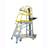 Yellow and gray industrial stockmaster lift-truk PRO ladder with safety cage on a white background