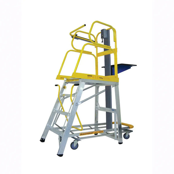 Yellow and gray industrial stockmaster lift-truk PRO ladder with safety cage on a white background