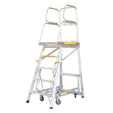 Stockmaster Navigator warehouse picking platform ladder with wheels on a white background
