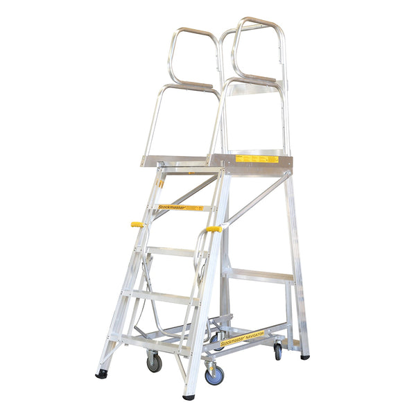 Stockmaster Navigator warehouse picking platform ladder with wheels on a white background