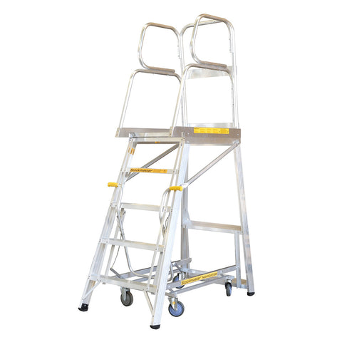 Stockmaster Navigator warehouse picking platform ladder with wheels on a white background