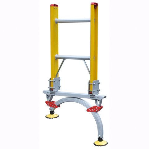 Indalex LA-20 Level-Arc Ladder Leveller Attached To Yellow Ladder On White Background