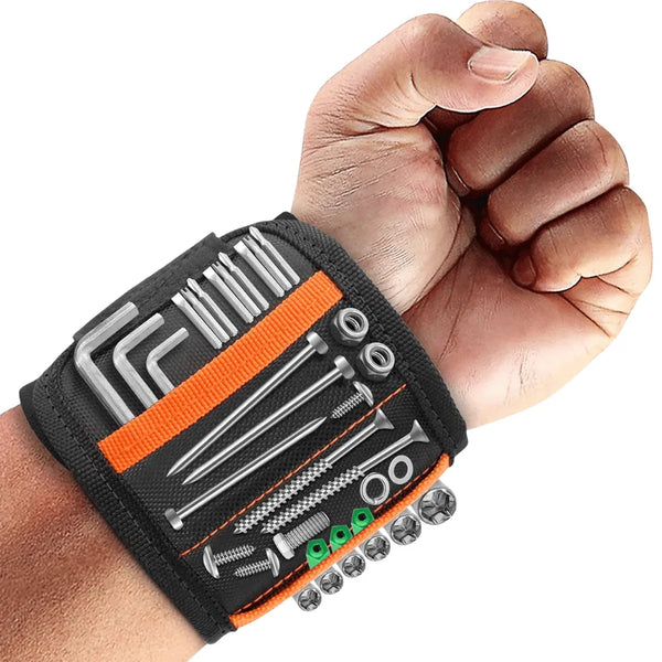 Wristband with tools held by a hand on a white background