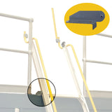 Metal ladder with yellow handrails and a close-up inset showing the brackets of the ladder.