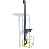 mezzalift mezzanine good lifter against storage racks with a white platform and yellow frame on a white background