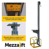 Mezzalift manually operated winch with text on a white background