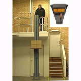 mezzalift in use with a person using it, and a close-up of the mezzalift control panel.