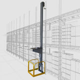 mezzalift mexxanine goods lift in a warehouse setting with shelves and boxes in the background