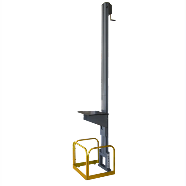 mezzanine lift with a yellow basket on a white background