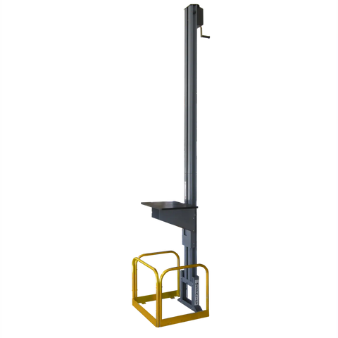 mezzanine lift with a yellow basket on a white background