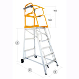 tracker PRO Ladder with safety cage and dimensions on a white background