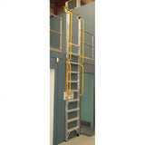 Mezzalad ladder with yellow handrails against a green wall in warehouse