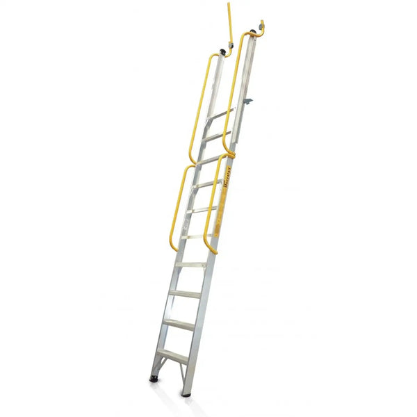 Mezzalad mazzanine ladder with yellow safety rails on a white background