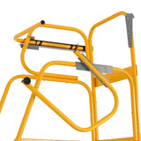 Yellow metal ladder stand with a black and yellow ladder on a white background