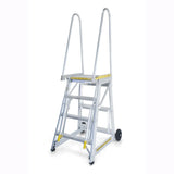 Stockmaster Step-Thru platform ladder with wheels on a white background