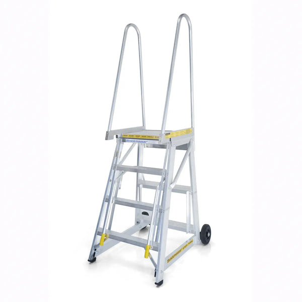 Stockmaster Step-Thru platform ladder with wheels on a white background