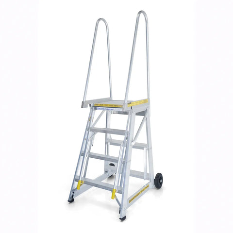 Stockmaster Step-Thru platform ladder with wheels on a white background